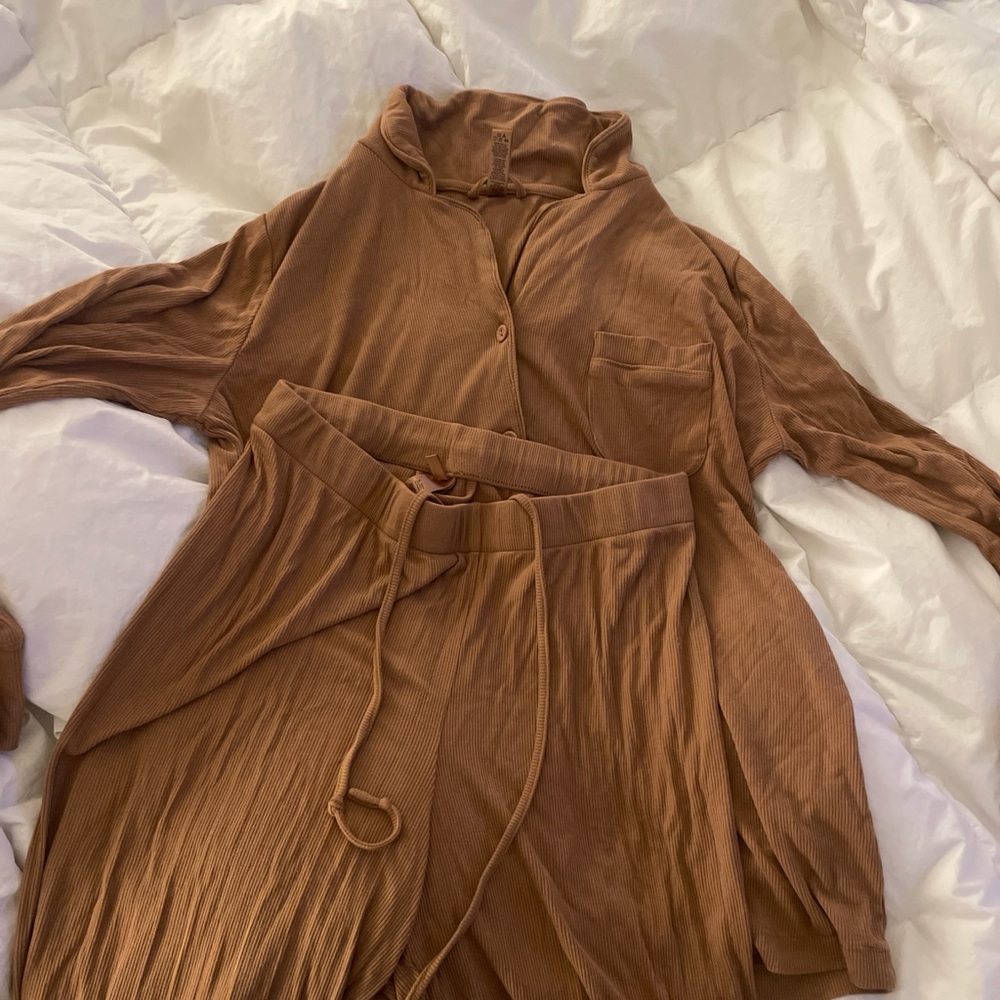 SKIMS Brown Lounge Set with Button-Up Top and Pants